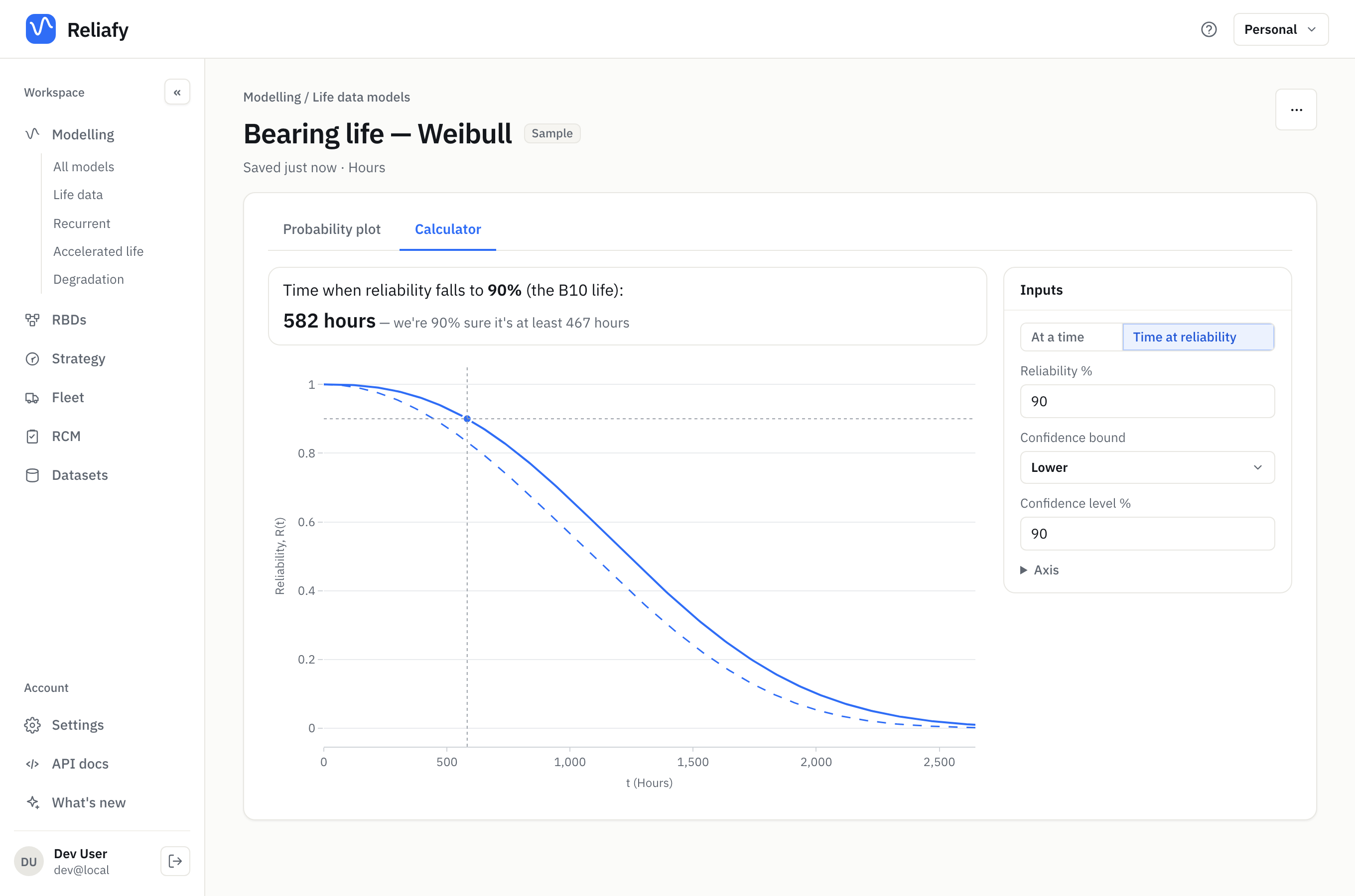 The calculator solving for the B10 life with a lower bound