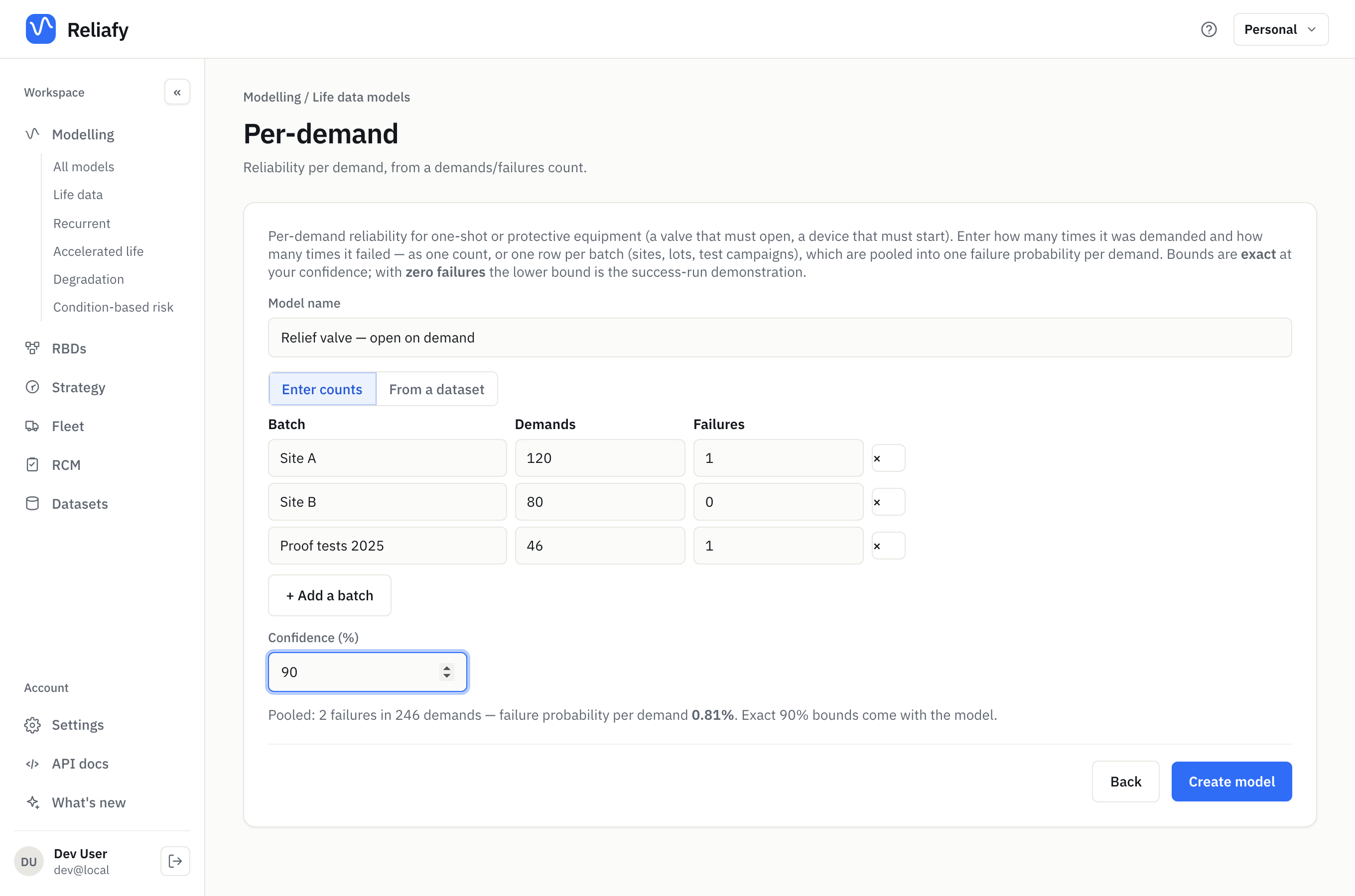 The per-demand form: three batches of demands and failures, at 90% confidence