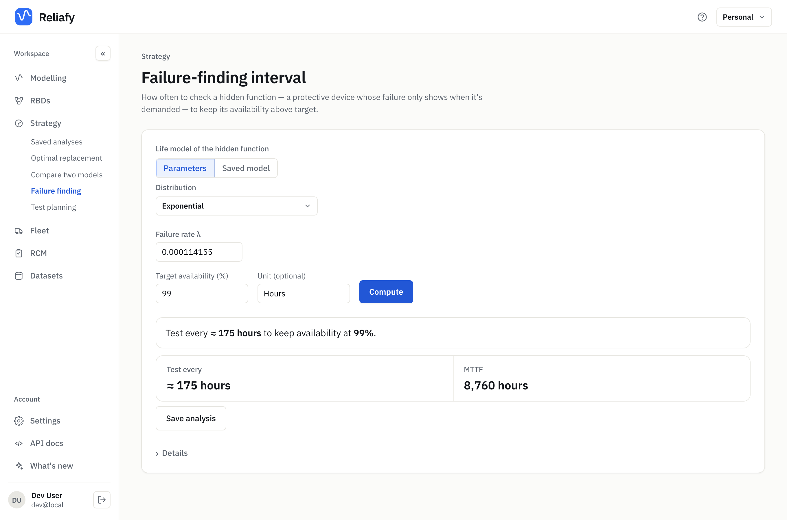 The failure-finding interval: test every 175 hours for 99% availability