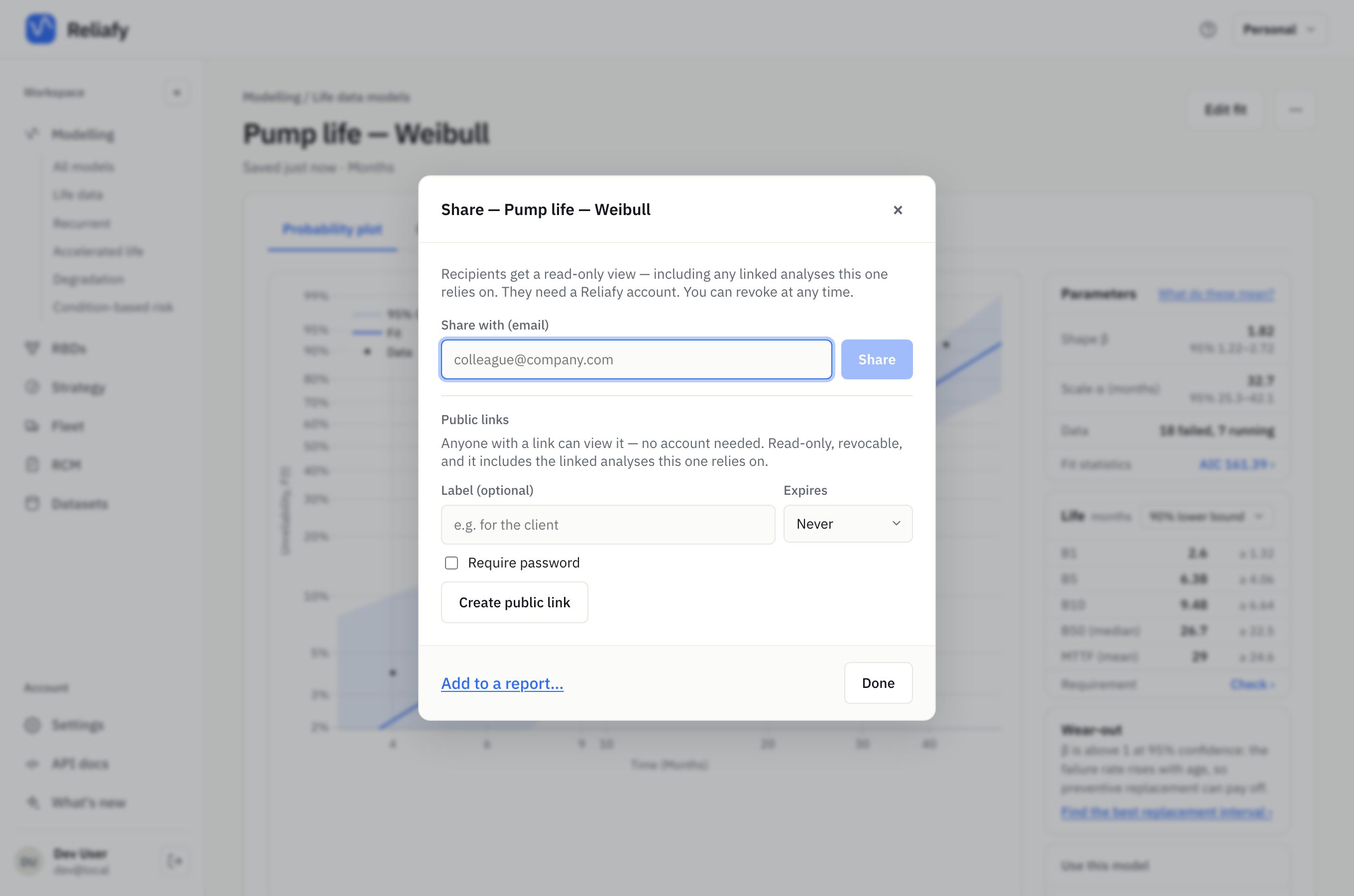 The Share dialog: share with a colleague by email, or create a public link